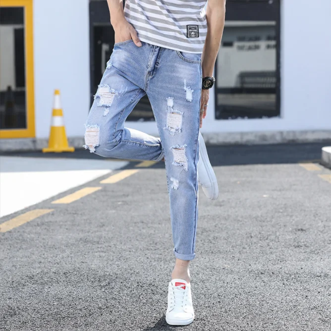 Dropshipping Ripped Nine Points Jeans Boys Men Man Boy Fashion Trend Slim Skinny All-match Jeans Pants Factory