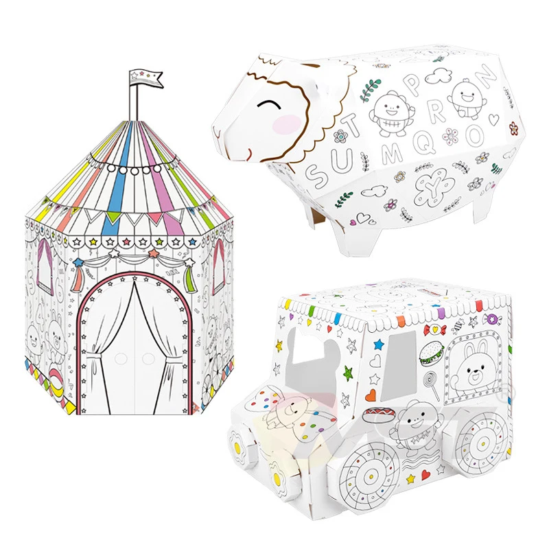 Eco-friendly Painting 3D DIY Creative Doodle Cardboard Toys Hand-on Coloring Sheep Car House Drawing Toy for Kids
