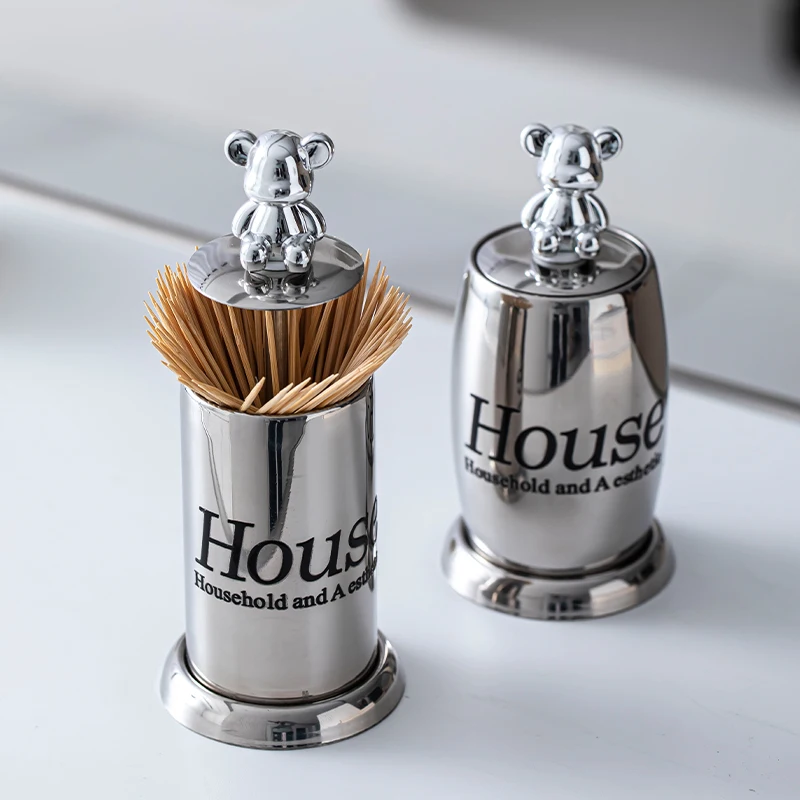 OSBORN Sliver Stainless Steel Hand Press Type Toothpick Dispenser Holder Metal Bear Toothpick Storage