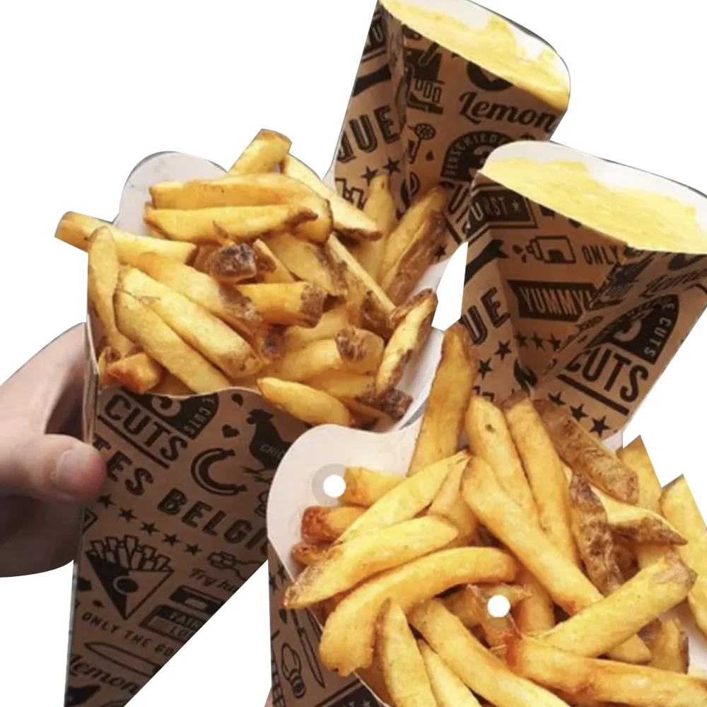 Kraft Paper Cone Holder Fried Chicken Potato Chips Fries Box Fast Food Packaging With Sauce Pocket