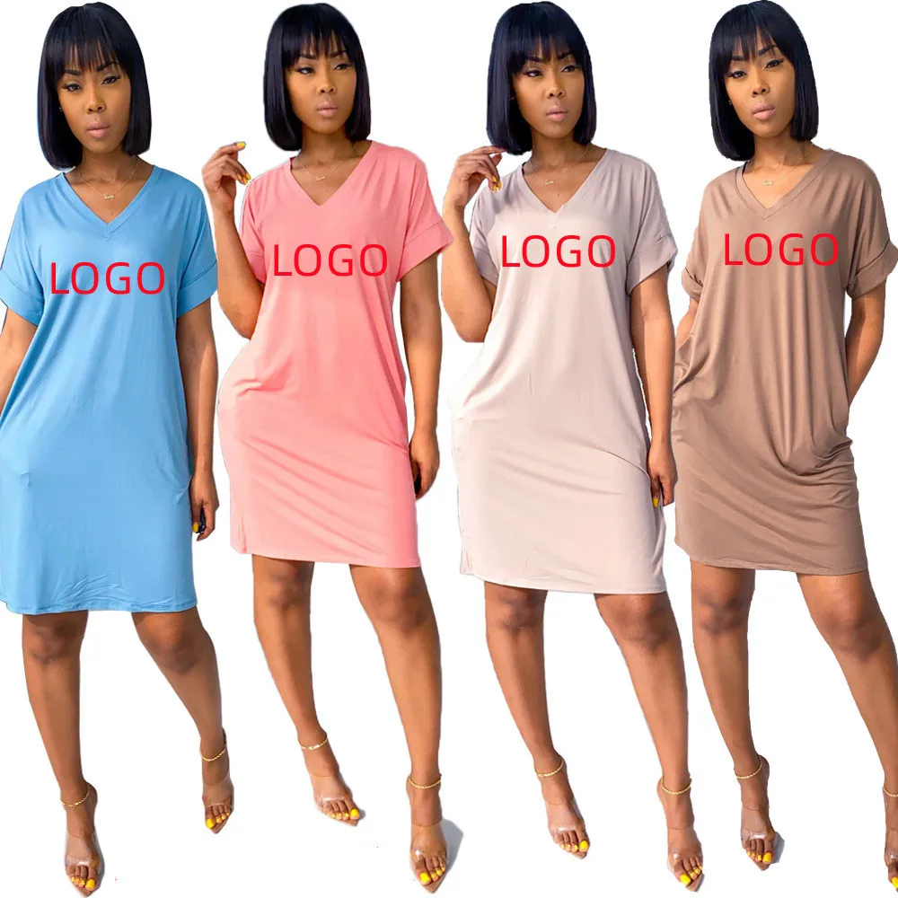 Custom LOGO V Neck Lady Dress 2023 Summer Women Clothing Dress Candy Color Short Sleeve T Shirt Casual Dresses
