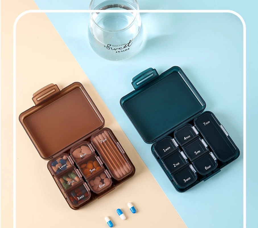 Eco-friendly Weekly  pill Organizer Container multiple 7 compartments Small Mini Portable Medicine Case Travel Pill Box