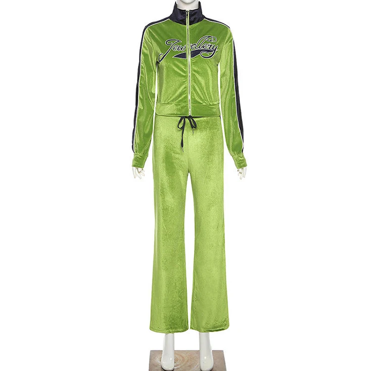 Hot Sale Embroidery Velour Tracksuit Two Piece Set Women Clothing Long Sleeves Zipper Sport Set