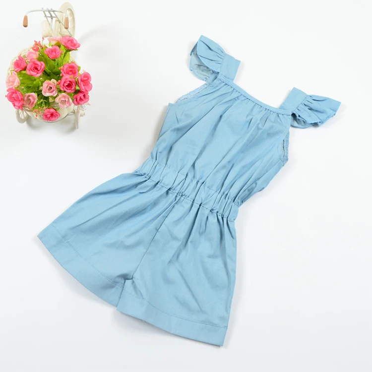 Hot Selling Summer Child Clothing Sweet Blue Ruffles Kids Girls One Piece Jumpsuit With Belt