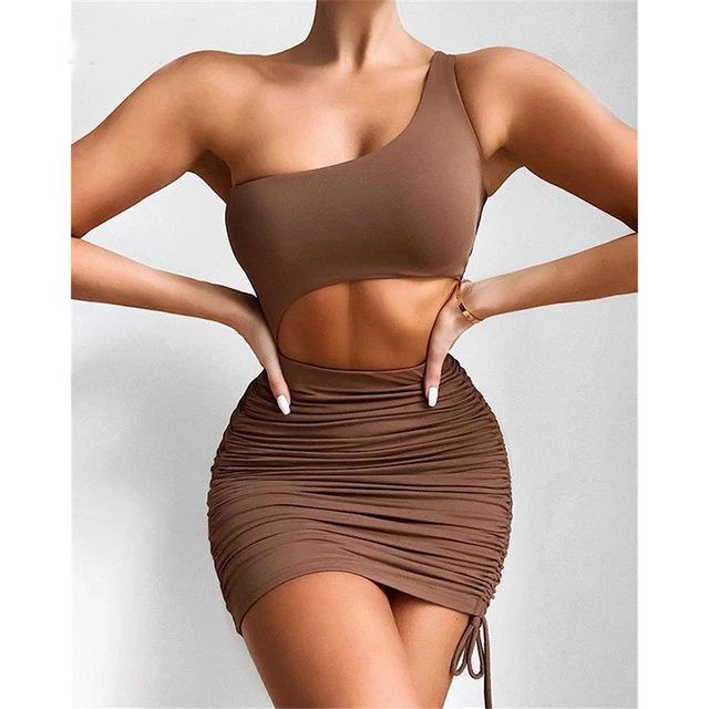 Pure Color Pleated Skinny Mature Lady Pencil Skirt For Women 2021 Summer Sexy Strappy Hollow Backless Ladies Elegant Dress