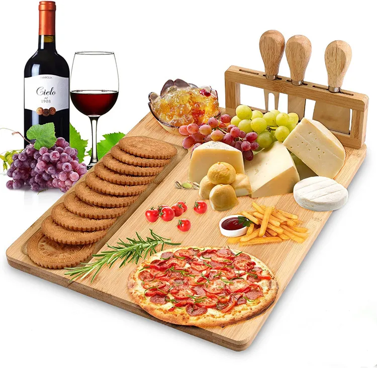 Unique Gifts Charcuterie Platter and Serving Meat Board Wood Serving Board with Handle Bamboo Cheese Board and Knife Set
