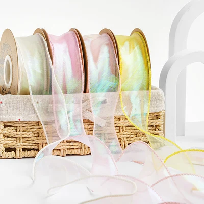 W02 Custom Fishtail Yarn Bowknot Christmas Satin Sari Silk Organza Ribbon Roll For Wedding