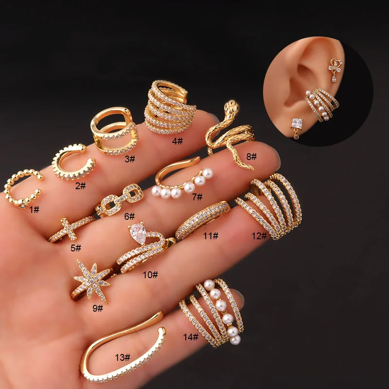 Exaggerated no piercing earrings jewelry copper gold plated geometric snake shaped zircon adjustable france pearl ear clip
