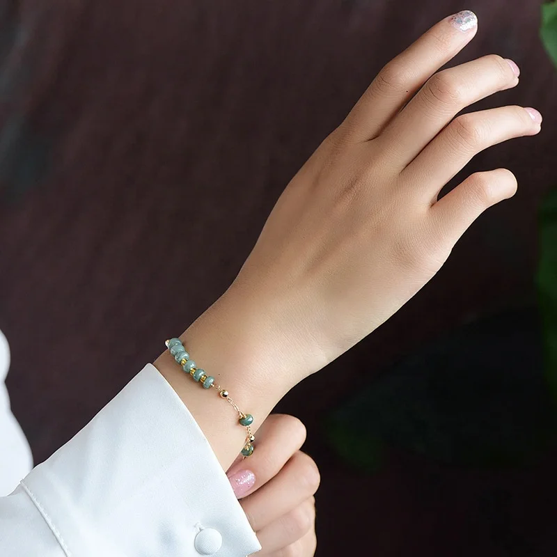 PJ-C306 Natural jade bracelet, gemstone jadeite stone bracelet roundel beaded bracelet 14 K real gold plated