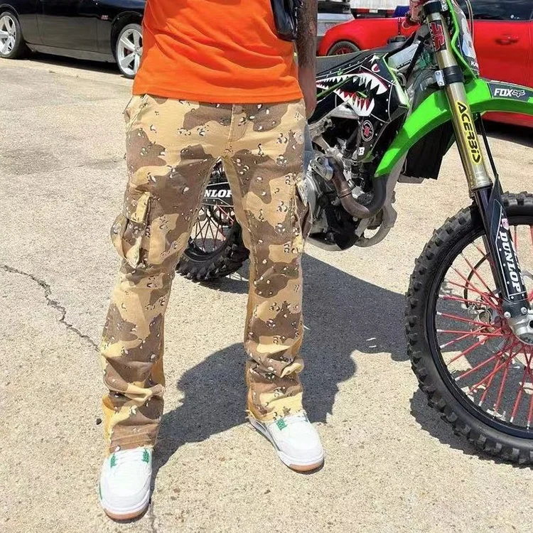 Custom logo Camo Denim Pants Camouflage Colored Cargo Pocket Jeans Men Custom Stacked Jeans