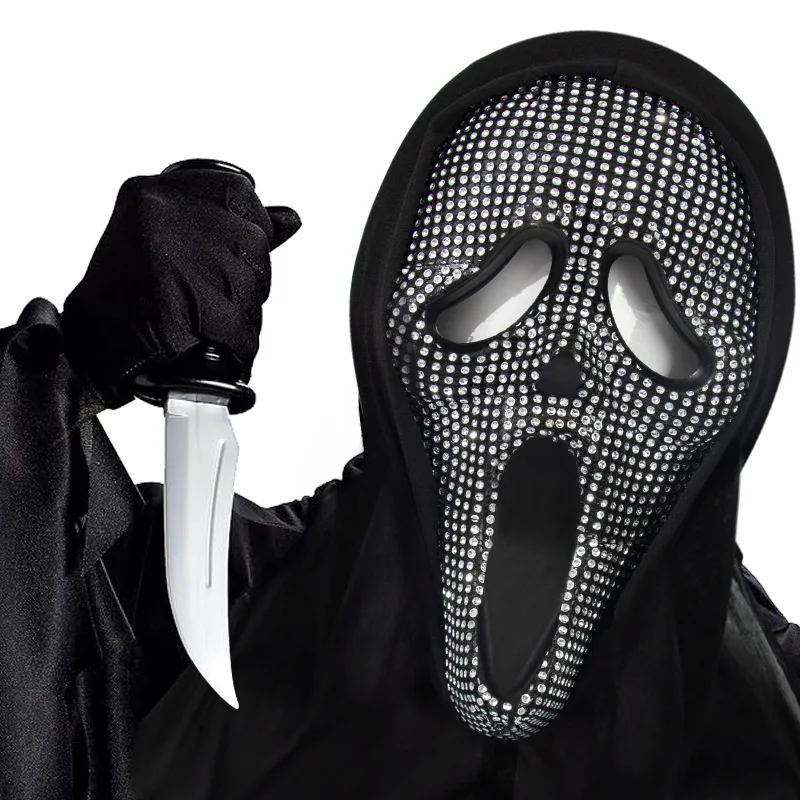 Halloween Carnival Screaming Ghost Mask w Hood Carnival Ball Scary Masks Horror Face Creepy Rhinestone Masks