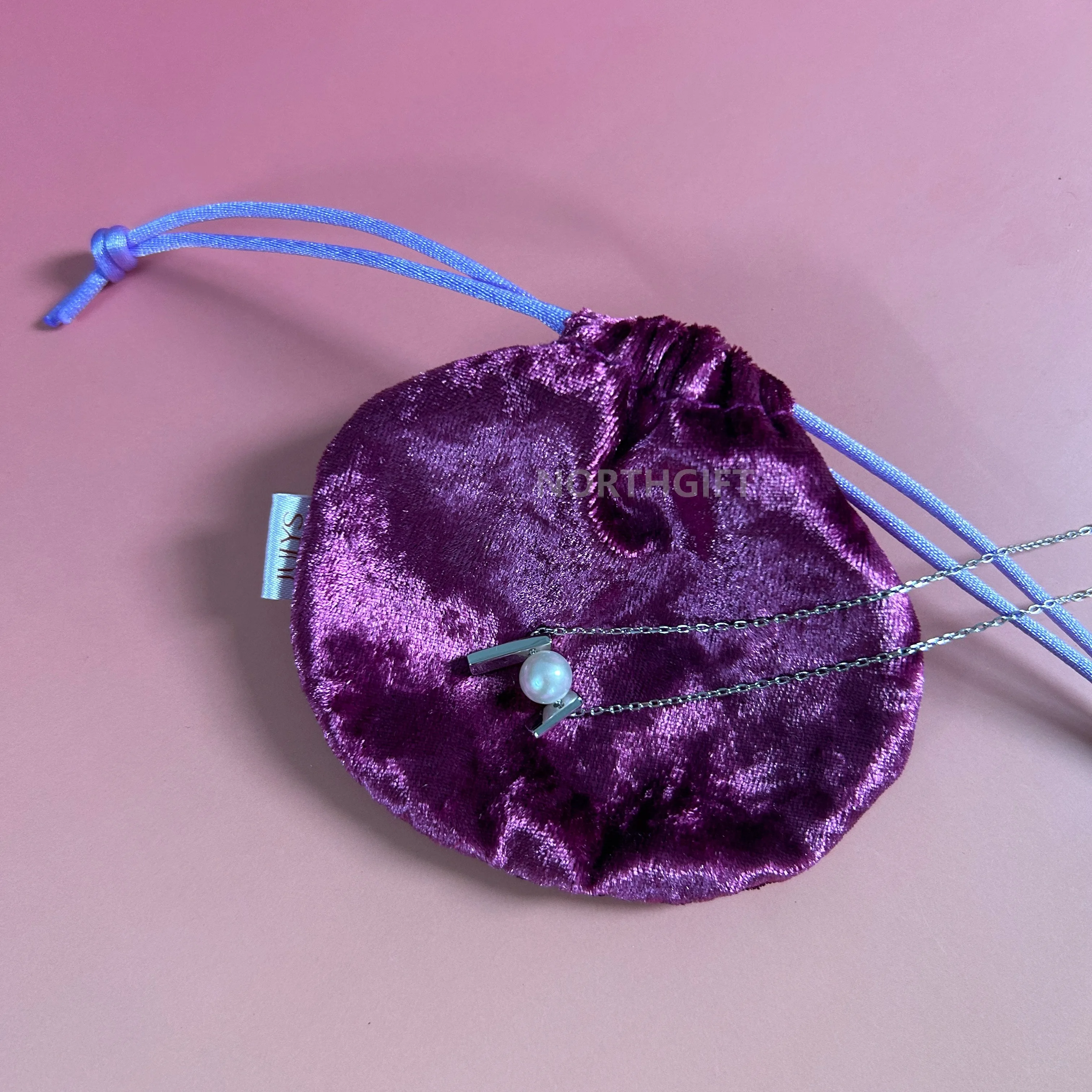 Cheap cherry round shape soft diamond velvet drawstring bag for earring rings jewelry gift packaging pouch with logo label