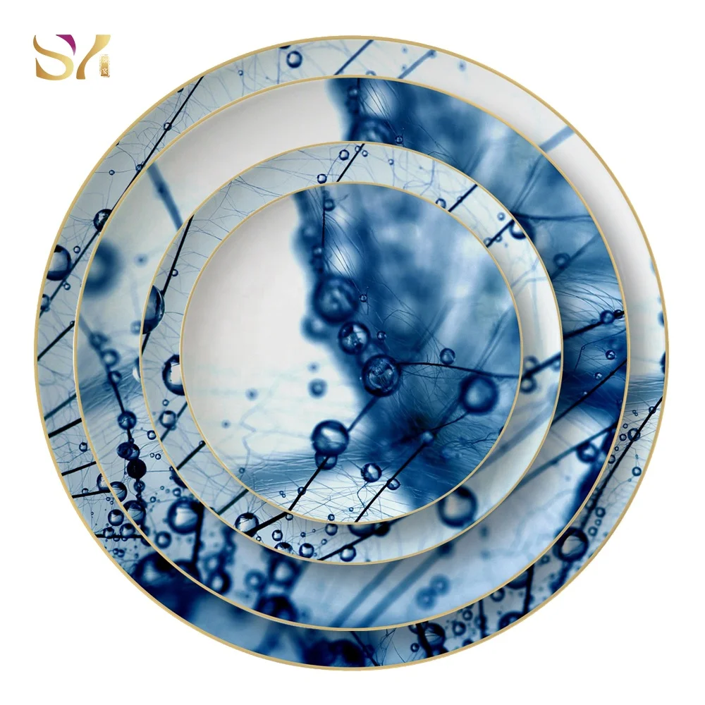 Restaurant Porcelain Plates Set Wedding Tableware Ceramic Dinner Plate With Gold Rim