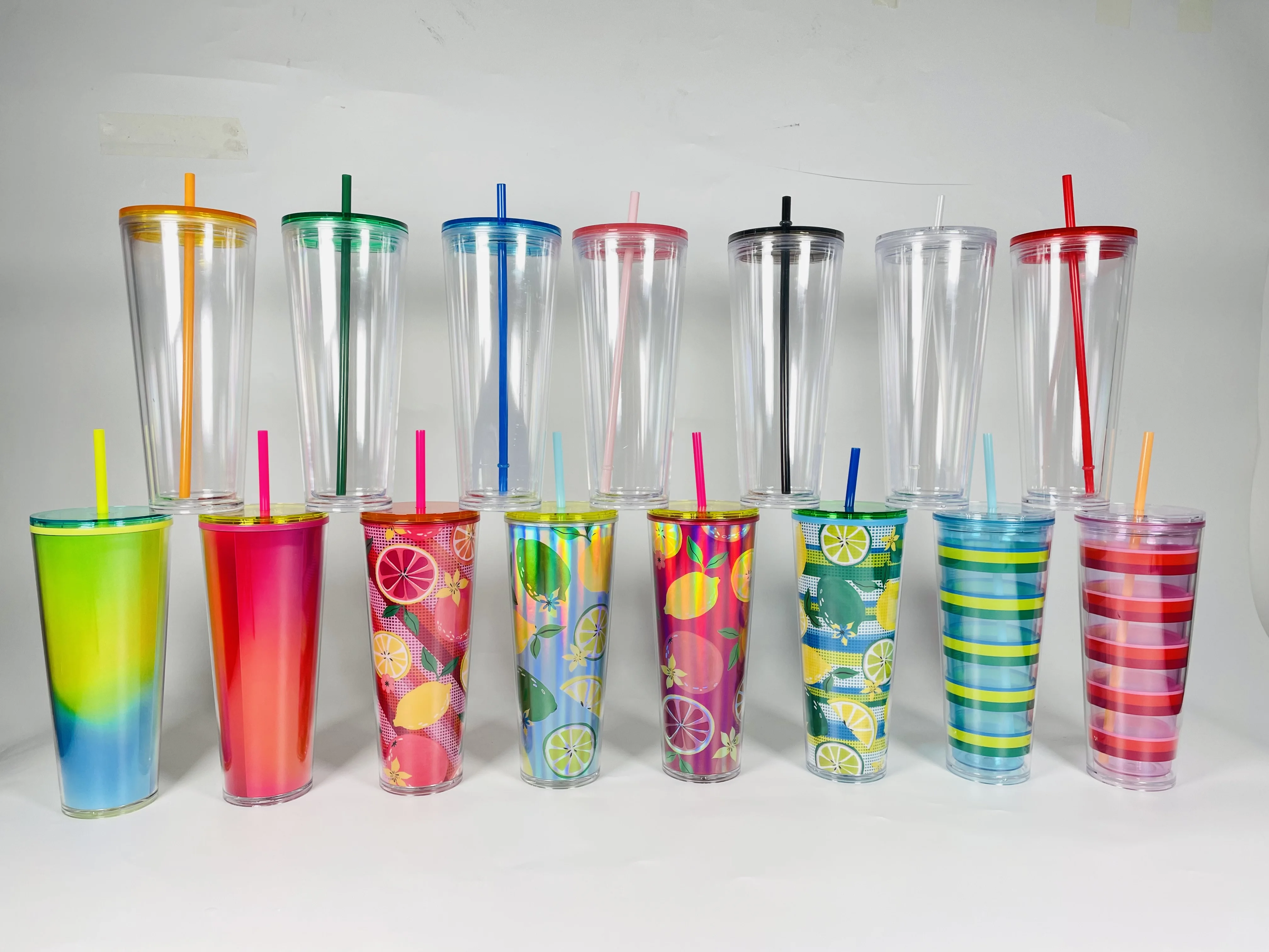 Custom doubled wall clear plastic acryl cup glass double wall tumbler snow globe cups pre drilled