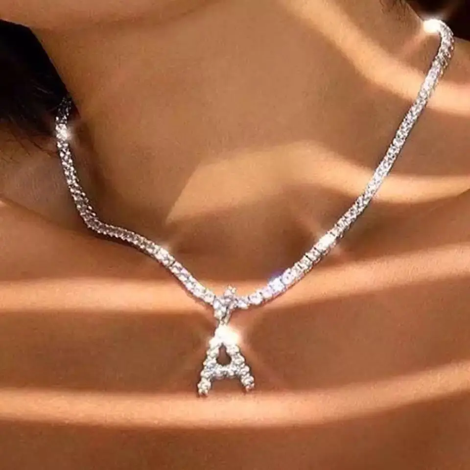 New Trendy Bling 26 Letters Tennis Chain Necklace Sparkling Rhinestone Crystal A-Z Initial Letter Necklace