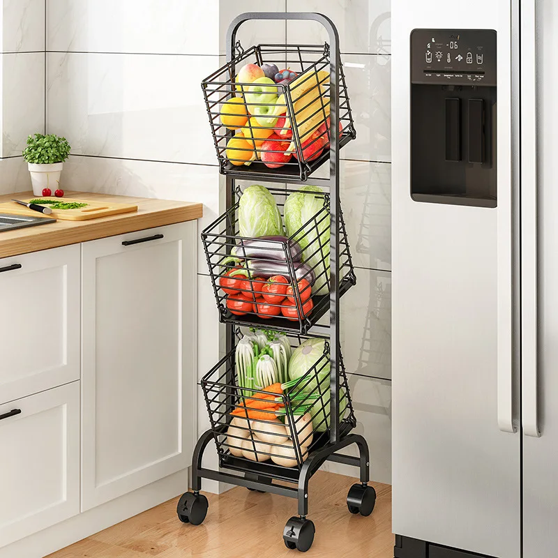 3 Tier Market Basket Storage Stand Kitchen Metal Wire Fruit and Vegetable Storage Basket Food Storage Chart with 4 Wheels