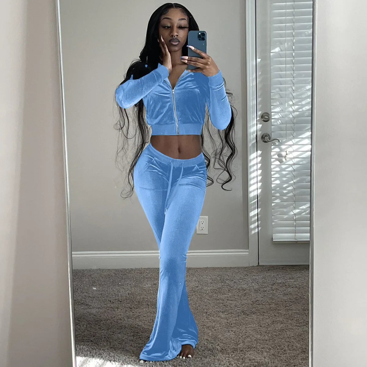 Tracksuit Women 2 Piece Set Custom Logo Fall Cotton Velour Polyester Reflective Luxury Slim Fit Fashion Ladies Black Tracksuit