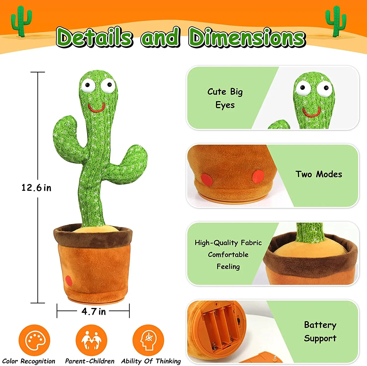 Plush Toy Gift for Children Play 120 Songs USB Charging Record Repeat Your Words Dancing Talking Cactus