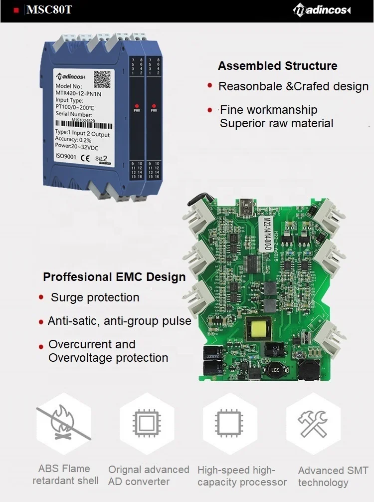 MSC80T: DIN Rail Isolated RTD pt100 Temperature Sensor Transmitter Converter to 4-20ma, 0-10ma, 0-20ma, 0-10VDC,1-5V,0-5V,RS485
