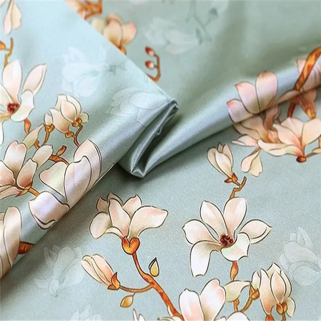  Цветочный дизайн магнолии Шелковый спандекс с цифровой печатью 19 момме 108 см шелк стрейч атласная ткань для чонсам