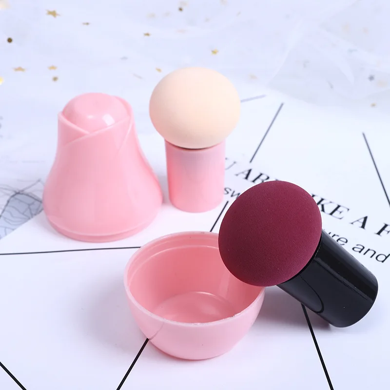 
Private Label Round Mushroom Head Makeup Cosmetic Sponge Long Handle Powder Puff With Plastic Cover 