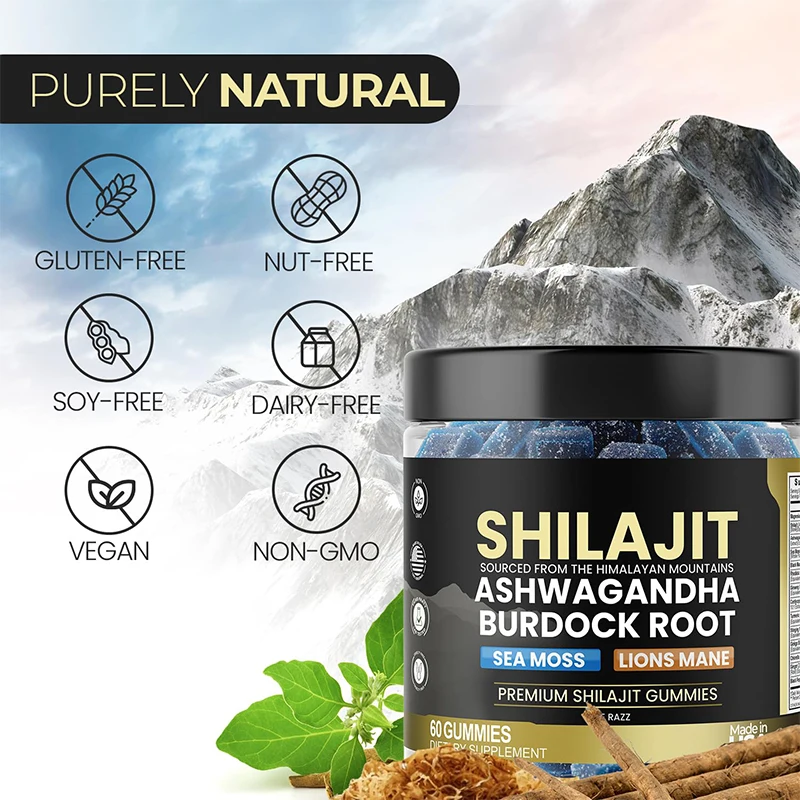 OEM Hot Sale Organic Shilajit Ashwagandha Burdock Root Gummies Sea Moss Lions Mane Premium Shilajit Gummies