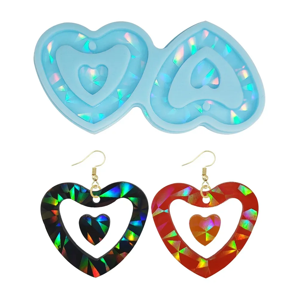 Holographic Light and Shadow Epoxy Resin Heart Decorative Pendant Mold Diy Holographic Heart Earring Silicone Silicone Mold