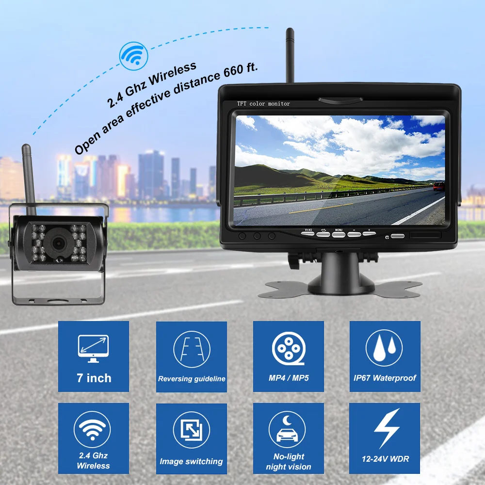 7 inch Wireless Car Monitor Parking Backup Camera System TFT LCD Screen IR Night Vision Wifi Rear View Camera 12-24V