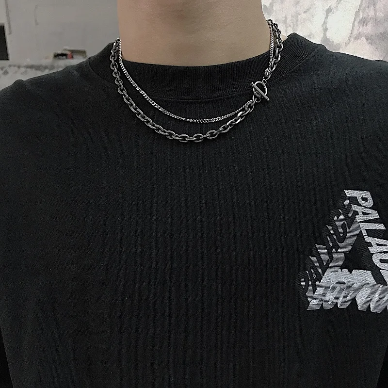 VAF IO Multi Double Layer Dark Silver Necklace Stainless Steel Choker Chain Necklace For Men