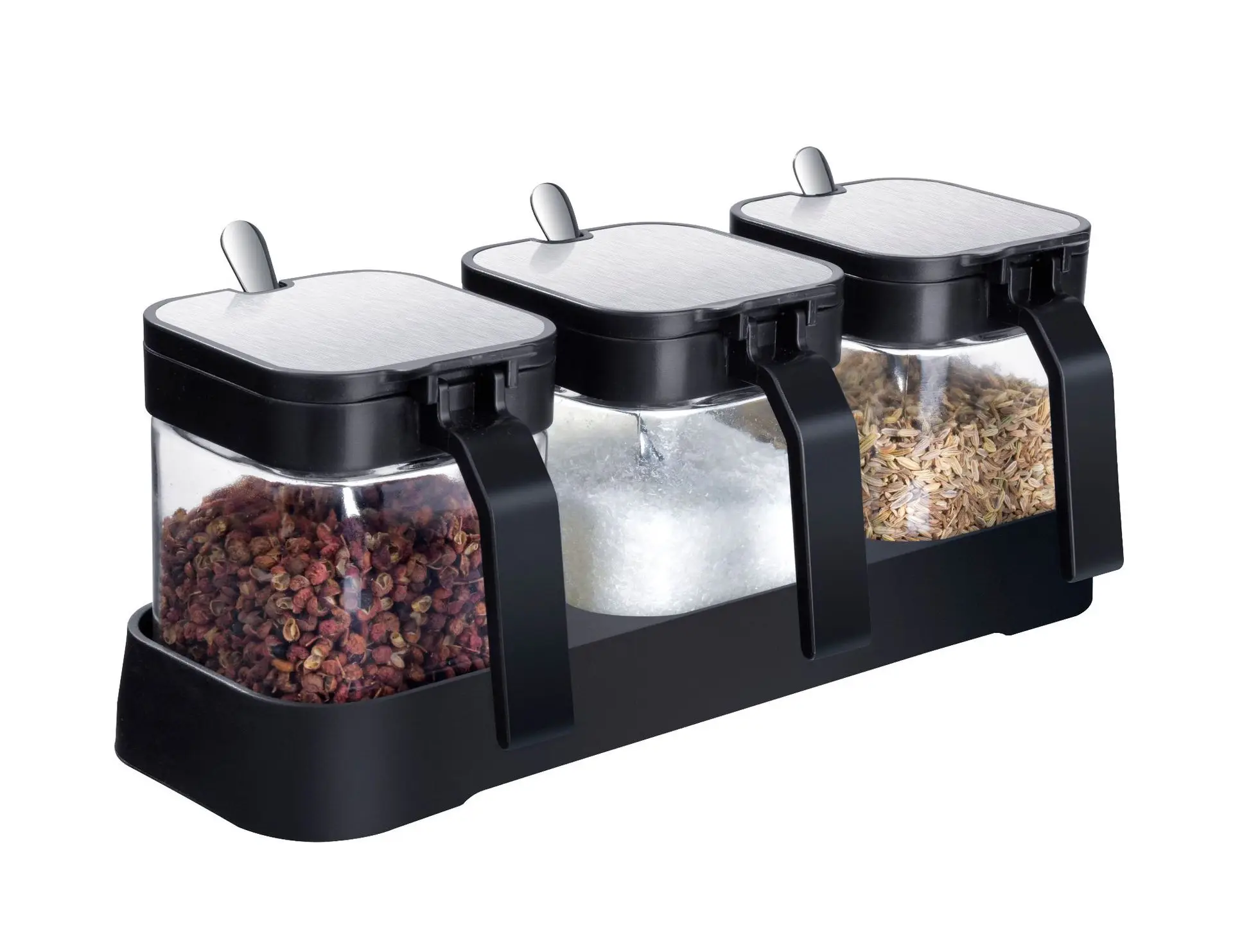 Набор из 3 предметов, кухонный Стеклянный Стеллаж Для Приправ из нержавеющей стали, контейнер для хранения кастрюль для специй, банки для приправ с крышкой и ложкой