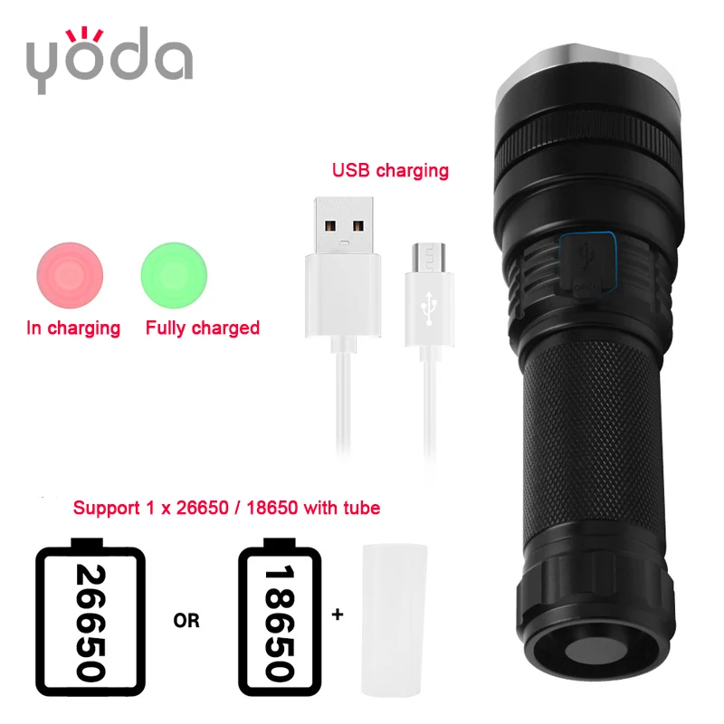 26650 lithium battery  zoomable adjustable usb rechargeable 2000 lumen 1000m high power super bright xhp50 flashlight