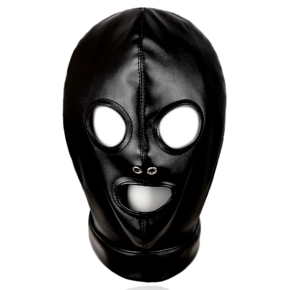 Full Cover Leather Mask Black  Open Eyes Open Mouth Cosplay Costume Hood Unisex Plus Size Underwear Fun mask
