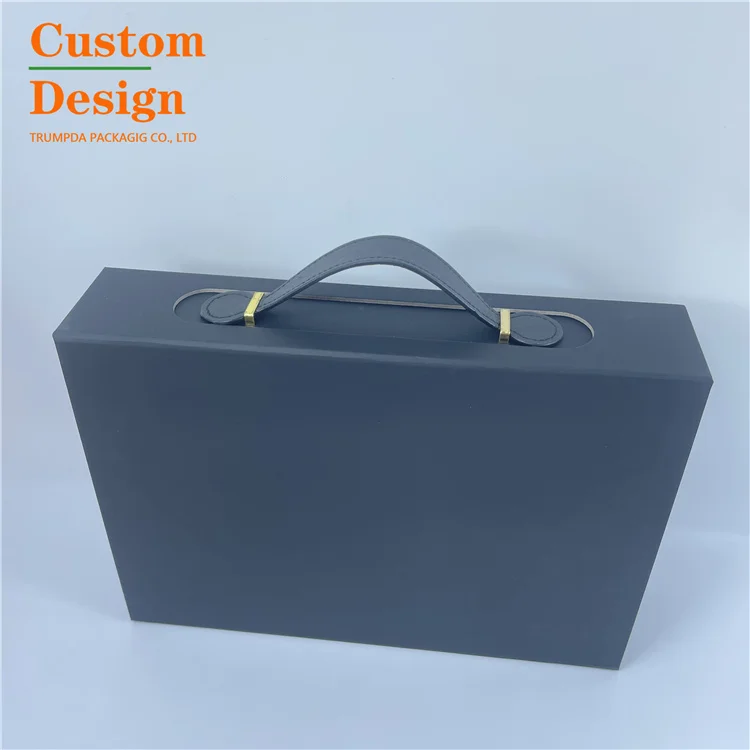 Customizable Logo Luxury Silk Soft Touch Black Paper Leather Handle Brief Case Packaging Box For Clothes Kerchief Coif Reusable