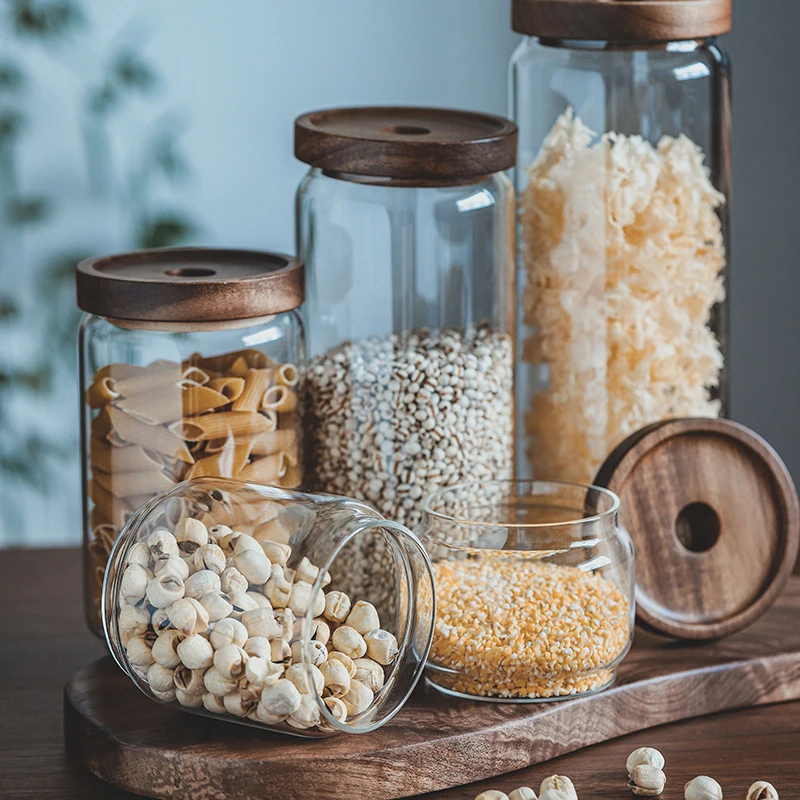 Kitchen Accessories Mason Spice Jar Food grade Borosilicate Glass Storage Jars With Airtight Acacia Wooden Lids