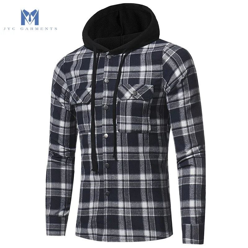
2020 new style flannel big check double pocket long sleeve hooded flannel shirt 