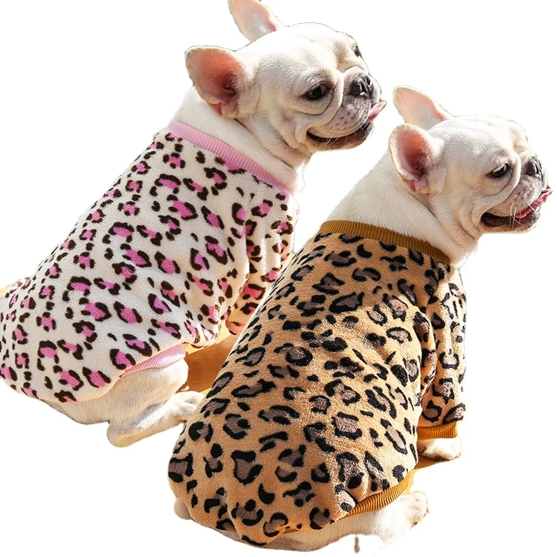 Wholesale Winter Plush Warm Leopard Print French Bulldog Dog Pajamas Clothes