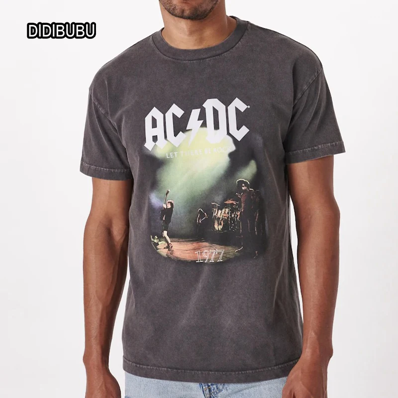 DIDIBUBU 2021 fashion AC/DC relaxed band tee street tshirt dark grey digital printing vintage tee