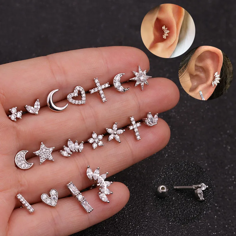 Women dainty gold piercing jewelry crew stainless steel  zircon cubic ear bone nails
