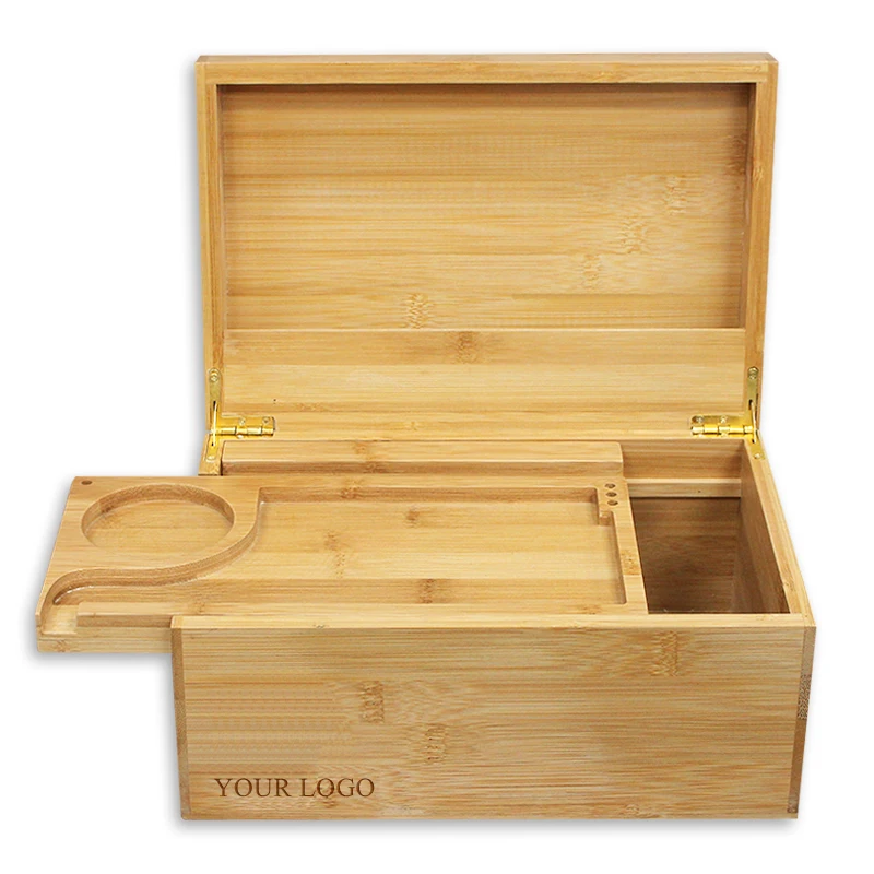Bamboo custom logo portable natural wood stash box with tray