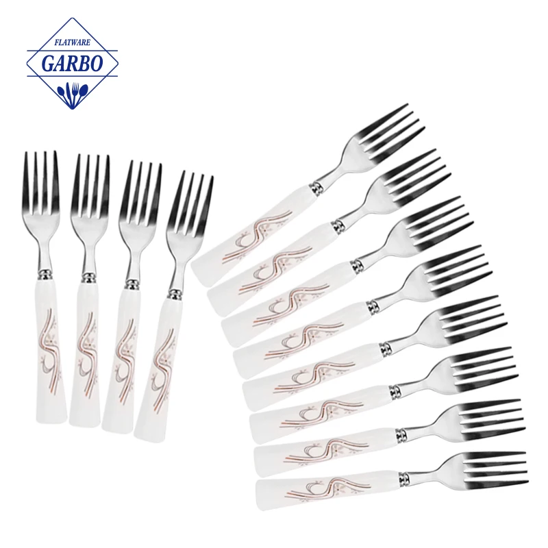 Wholesale Custom Stainless Steel Gold/Copper/Black Plated Small Fruit Cake Salad Dessert Fork with ceramic printing handles