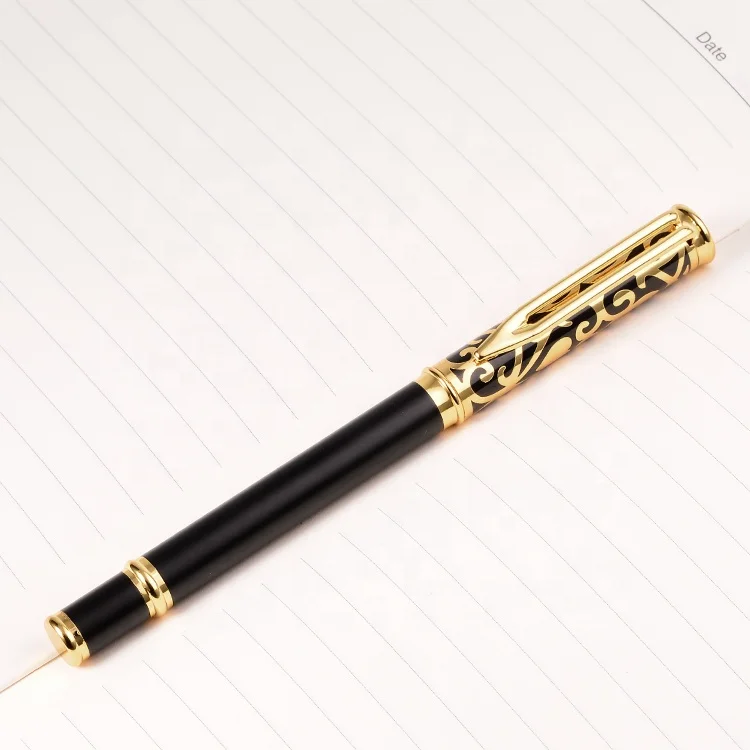 Classical Gold Pattern Metal Roller Pen High Quality Luxury Matte Black Gel Pen Custom Advertising Business Hotel Gift Pen