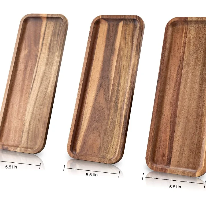Hot Selling Custom Set of 3 Solid Wood Serving Trays Rectangular Wooden Serving Tray with Brown Marble Metal for Food Wholesale