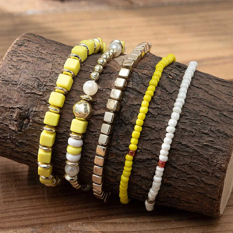 Cheap Wholesale Bohemia Style Seed Beads Bracelet Set 5pcs/set Handmade Boho Beaded Stretch Bracelet for Female
