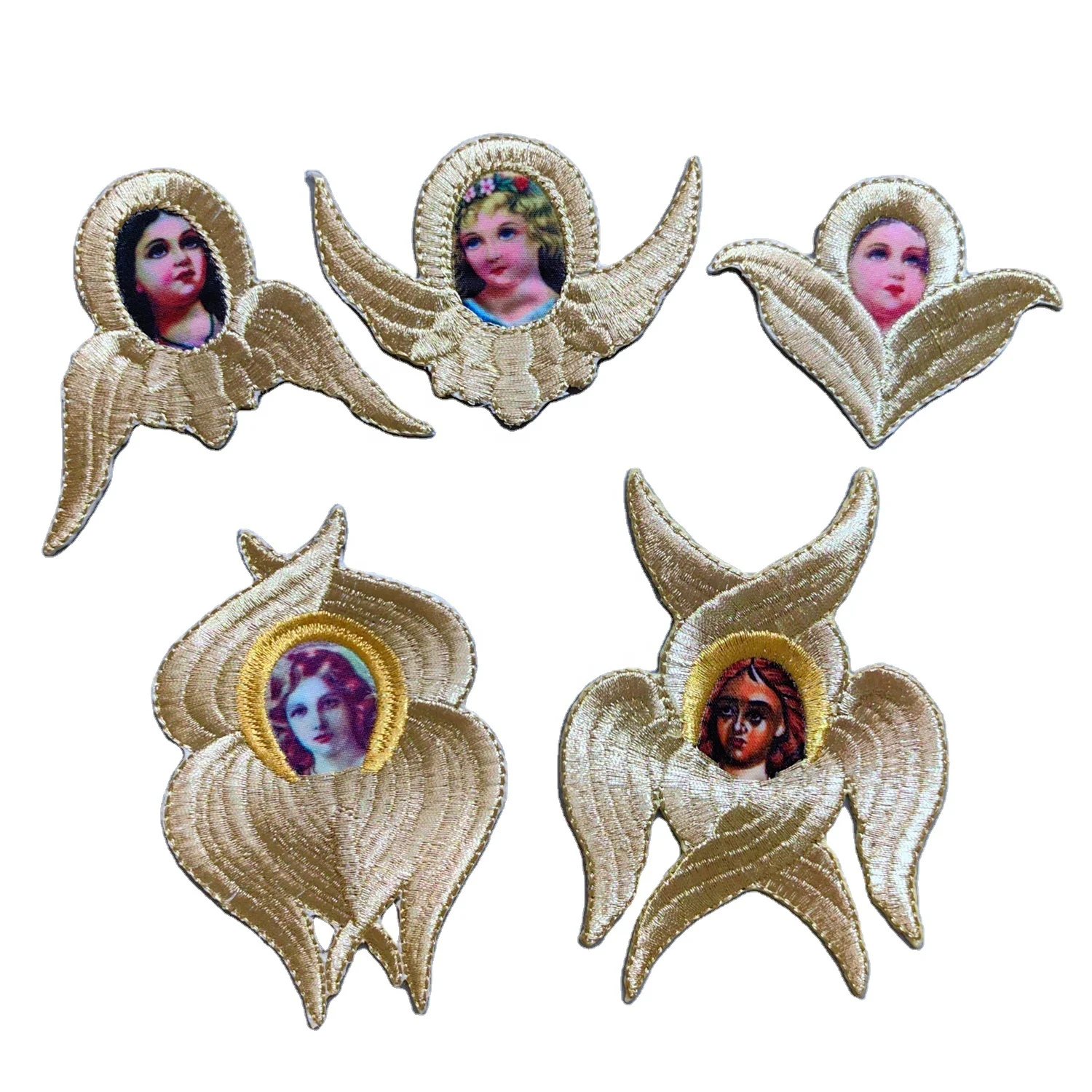 Iron on liturgical light gold  lurex angel girl face embroidery patch for DIY clothes and bags
