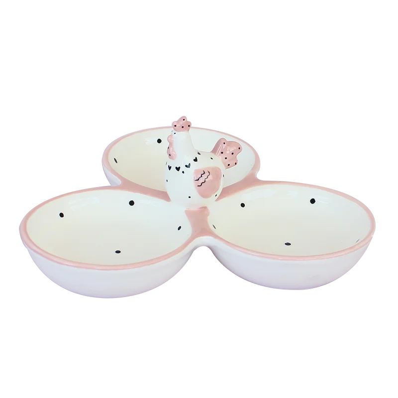 BONWILL Ceramic 3 Section Bowl Pink Chicken Rooster Serving Tray Appetizer Triplet Bowl 3-compartment Side Dish