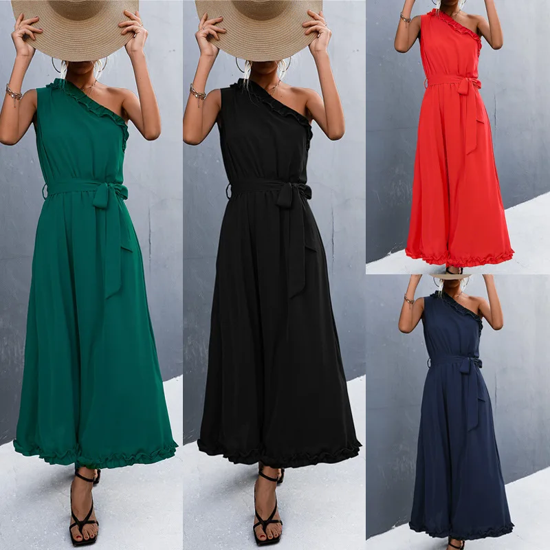 MOTE-ZC657 2023 Fashion Women Summer Plain Black One Shoulder Dress Casual Green Loose Ruffle Sleeveless Long Dresses