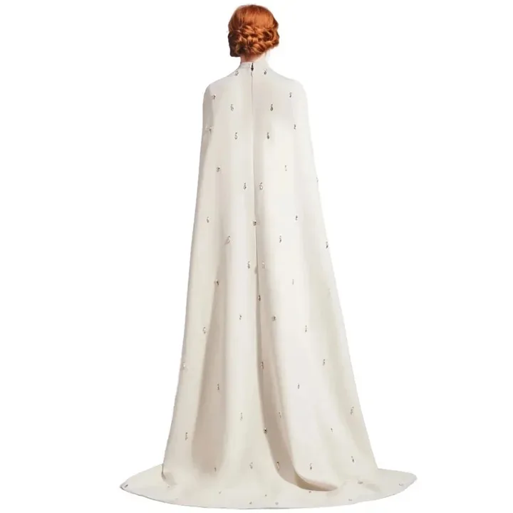 White Saudi Arabia Cape Sleeve Evening Dress Luxury Beaded Cape Dubai Women Wedding Guest Formal Party Dress