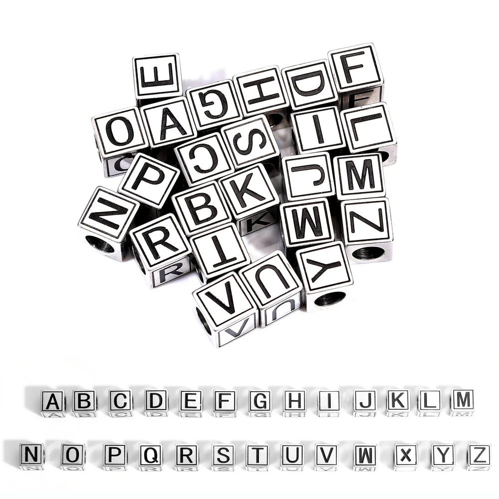 Stainless Steel High Polished Black Letter Square Cube Beaded Engraved Letter Alphabet Charm Beads For DIY Jewelry Accessories