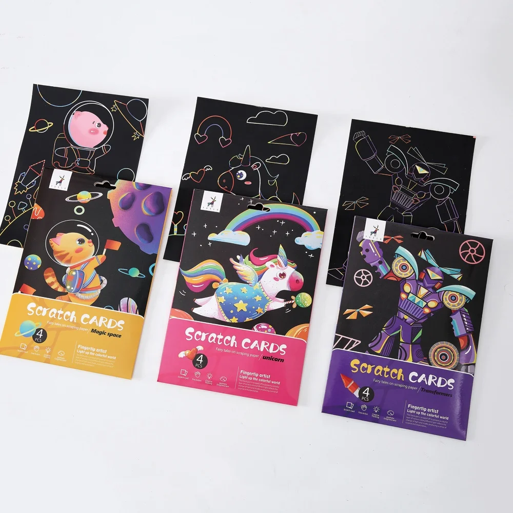 10 Designs Eco Friendly Wholesale 4pcs 16K Children DIY Educational Toys Magic Rainbow Scratch Art Paper For Kids