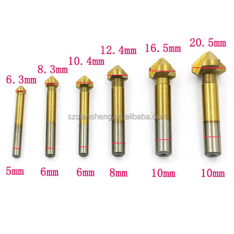 6.3-20.5MM 6pcs Titanium Round Shank 3 Flute 90 Degree HSS Chamfer Chamfering Cutter End Mill Tool Countersink Drill Bit Set